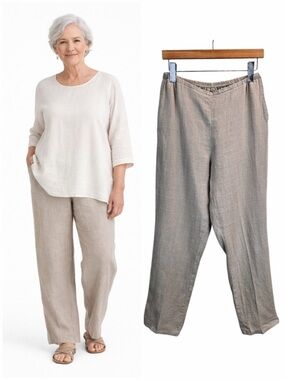 FLAX 100% Linen Pants S Beige Oatmeal Straight Leg Elastic Waist Linencore